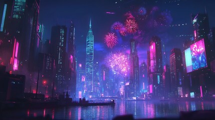 A vibrant, futuristic cityscape illuminated by neon lights and fireworks over a waterfront.