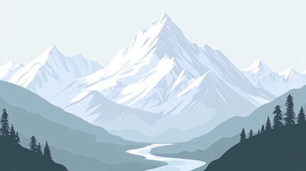 A scenic view of a snow-capped mountain range with a river winding through a valley in the foreground.