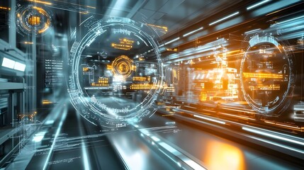 Futuristic Technology Interface with Glowing Lines and Circular Displays.