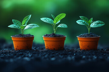 Three young plants in orange pots