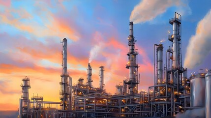 Obraz premium Industrial Plant at Sunset with Smoke Stack and Flares.