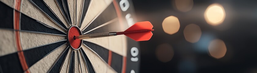 Close-up of a dart hitting the bullseye on a dartboard with a blurred background, symbolizing precision, focus, and success.