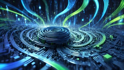 Abstract 3D illustration of a futuristic, technology-inspired design with swirling blue and green lines.