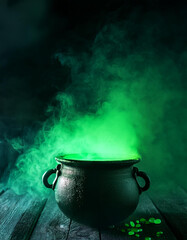 Cauldron with green glow on dark foggy background. Potion brewing, witchery and witchcraft. Halloween