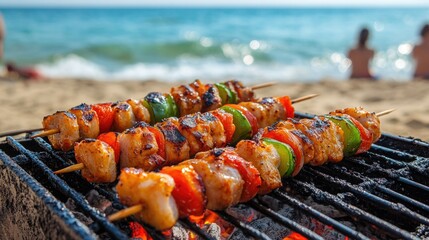 Skewers are sizzling on a barbecue while friends enjoy their time at the beach