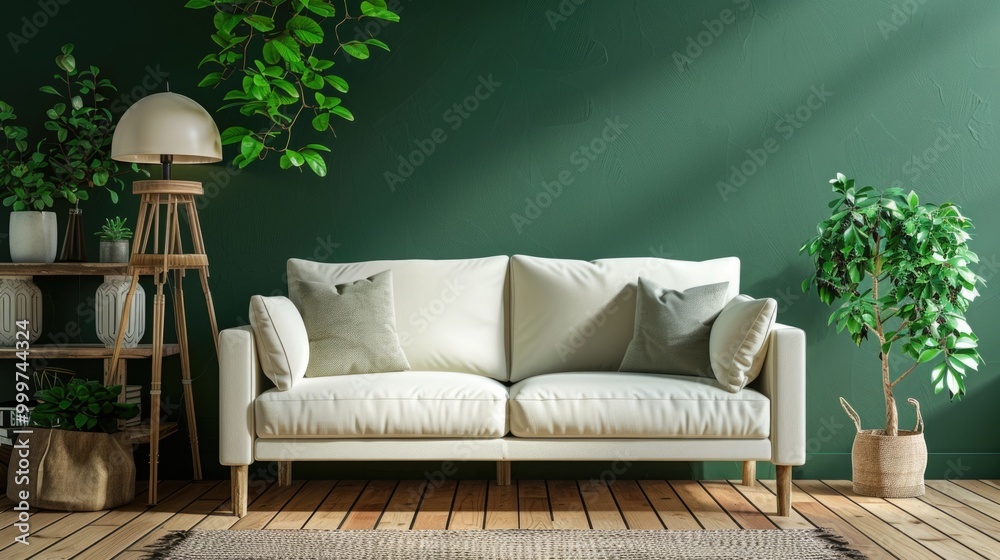 Sticker White sofa against green walls in a cozy home decor setting