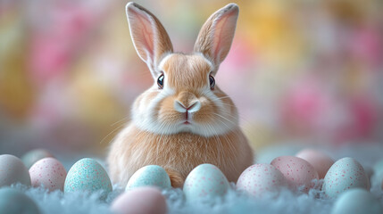 Easter bunny with eggs close up against pastel blurred background