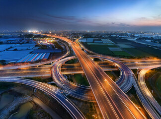 Aerial Top View of Modern Transportation Infrastructure – Expressway and Roundabout
