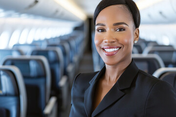 a professional African American flight attendant smiling warmly