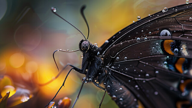 Close-up of Raindrops on a Butterfly's Antennae, Accentuating Its Graceful Silhouette