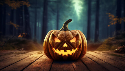 Scary Halloween carved pumpkin on wooden planks, forest and moon on background. Jack O Lantern glowing
