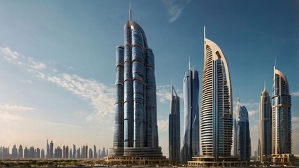Fototapeta premium A cityscape view of Dubai’s futuristic towers, with clear skies and minimal clouds, emphasizing the luxurious urban design 