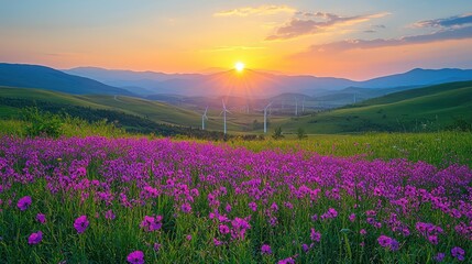 Obraz premium A serene sunset over a vibrant field of purple flowers, set against rolling hills and a clear sky, creating a peaceful landscape.
