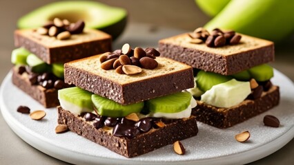  Deliciously stacked avocado toast with chocolate chips and almonds