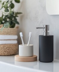 Naklejka premium bathroom accessories, pump dispenser, toothbrushes