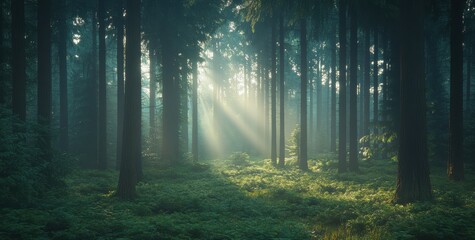 Naklejka premium Sunbeams in the Woods.