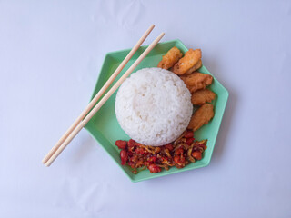 Fried tofu side dish rice isolate on white. balado anchovies and peanuts