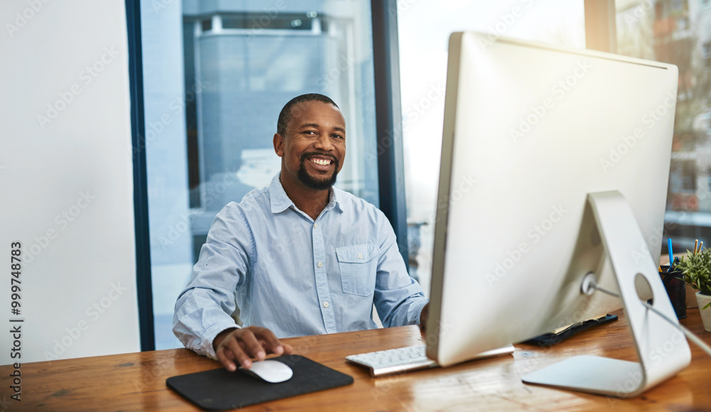 Poster portrait, business and black man with pc, smile and pride with internet, network and online article.