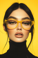 beautiful woman with black hair and yellow glasses, wearing dark , against a yellow background with high contrast, in the style of a fashion magazine cover aesthetic © ALL YOU NEED studio
