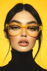 beautiful woman with black hair and yellow glasses, wearing dark , against a yellow background with high contrast, in the style of a fashion magazine cover aesthetic © ALL YOU NEED studio