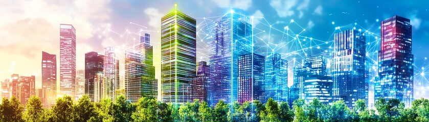 Obraz premium Vibrant futuristic cityscape with colorful skyscrapers and digital connection lines showcasing smart city technology and innovation.