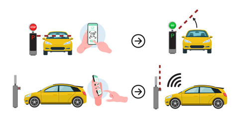 Naklejka premium Cars at Parking Lot Entrance: Hand Holding Smartphone for QR Code Scanning and Payment System with Boom Barrier Access – Vector Illustration