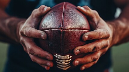 Closeup of hands holding a worn american football.