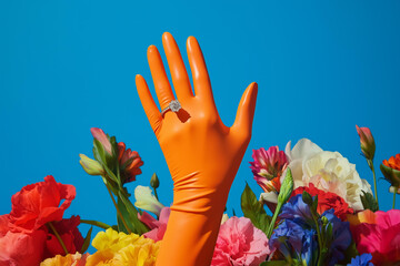 elegant hand with long orange gloves, wearing a ring and holding up the finger in front of a pile of colorful flowers on a cobalt blue solid flat background. This is a studio photography