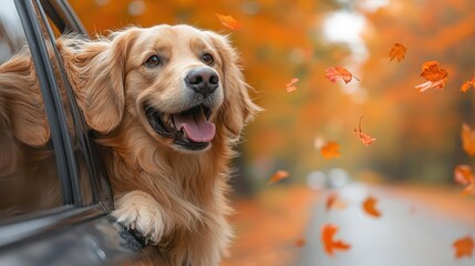 joyful golden retriever with fur flying in the wind peeking out of a car window amidst a backdrop of vivid orange and red autumn leaves capturing the essence of a playful fall adventure