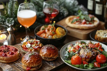 A table is beautifully arranged with an array of gourmet dishes, including burgers, shrimp, salad, and colorful drinks, perfect for a festive gathering or special occasion