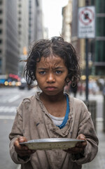 A sad young homelessness orphan child beggar girl holding a empty plate. Social issues related to food insecurity, bare necessities, struggle, scarcity, orphaned