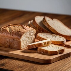 Tasty cut bread displayed on a wooden cutting board, complemented by wheat ears, emphasizing a cozy kitchen vibe.