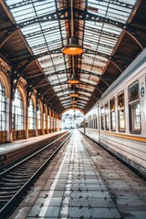 An old train station with a train parked on the tracks, perfect for nostalgic or post-apocalyptic themes