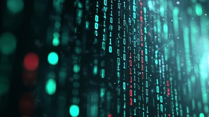 Abstract technology landscape featuring vibrant red and green digital binary code, symbolizing big data concepts and futuristic innovation in a closeup view.