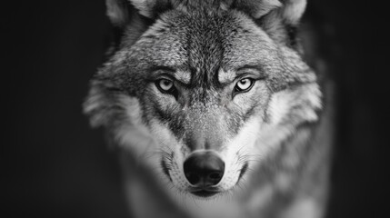 Obraz premium Angry Wolf in Greyscale, intense expression captured in a close-up, showcasing fierce eyes and powerful features against a softly blurred natural setting.
