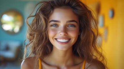 Fototapeta premium joyful young woman smiling brightly against a vibrant solid color background radiating positivity and confidence in a lively atmosphere