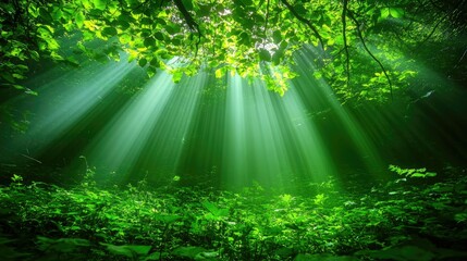 Obraz premium A serene forest scene with sunlight filtering through lush green leaves.