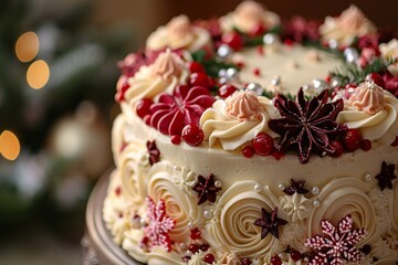 Fototapeta premium This delightful cake features intricate red and white frosting decorations, complete with festive elements like berries and stylized flowers, perfect for a holiday gathering