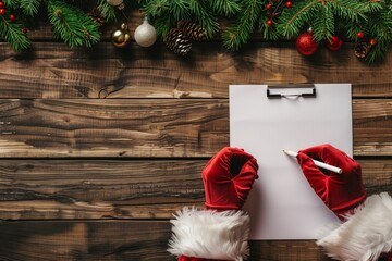 Obraz premium A person in a red Santa hat is writing a letter on a piece of paper