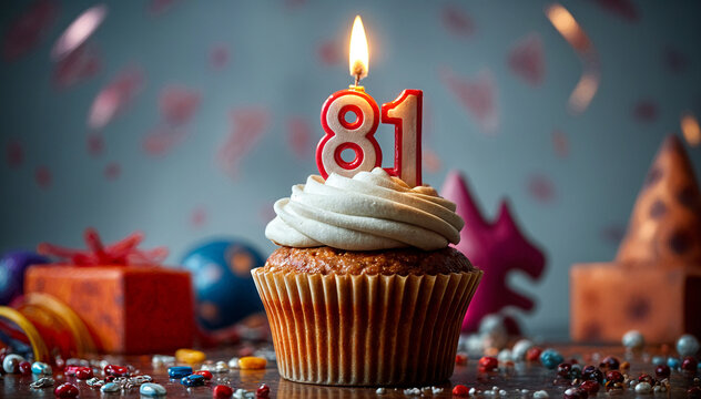Birthday cupcake with burning lit candle with number 81. Number eighty-one for eighty-one years or eighty-first anniversary.