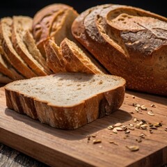 Tasty cut bread displayed on a wooden cutting board, complemented by wheat ears, emphasizing a cozy kitchen vibe.