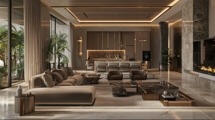 Modern living room with elegant decor and open kitchen, featuring natural light and greenery.