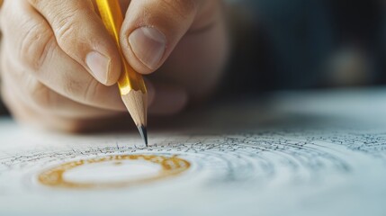 Astrologer sketching intricate details on a natal chart, focused and serene environment, showcasing artistry and precision in astrological interpretation, minimalist backdrop.