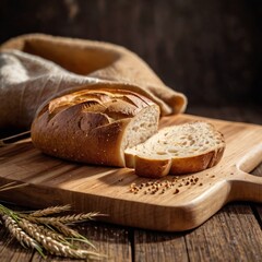 Tasty cut bread displayed on a wooden cutting board, complemented by wheat ears, emphasizing a cozy kitchen vibe.