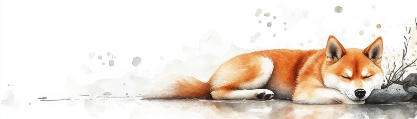 Shiba Inu resting on a tatami mat, zen garden elements, white background, watercolor style