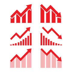 Graph going Up and Down sign with red arrows vector set. Flat design vector set of a concept of sales bar chart symbol icon with arrow moving down and sales bar chart with arrow moving up.