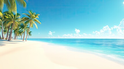 Fototapeta premium A serene beach scene with palm trees and clear blue water under a bright sky.
