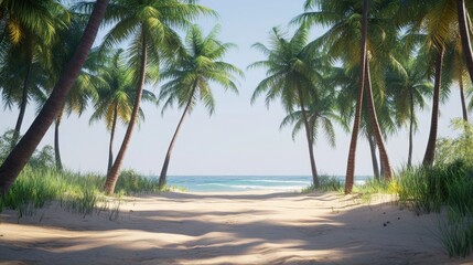 Obraz premium A serene beach pathway framed by palm trees leading to the ocean.