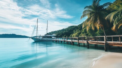 Tropical Paradise with Yacht Docked at Wooden Pier
