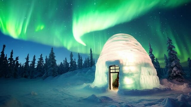 Glowing igloo in a snowy forest under the northern lights, creating a magical atmosphere. Peaceful stars shine above evergreen trees in this arctic wonderland